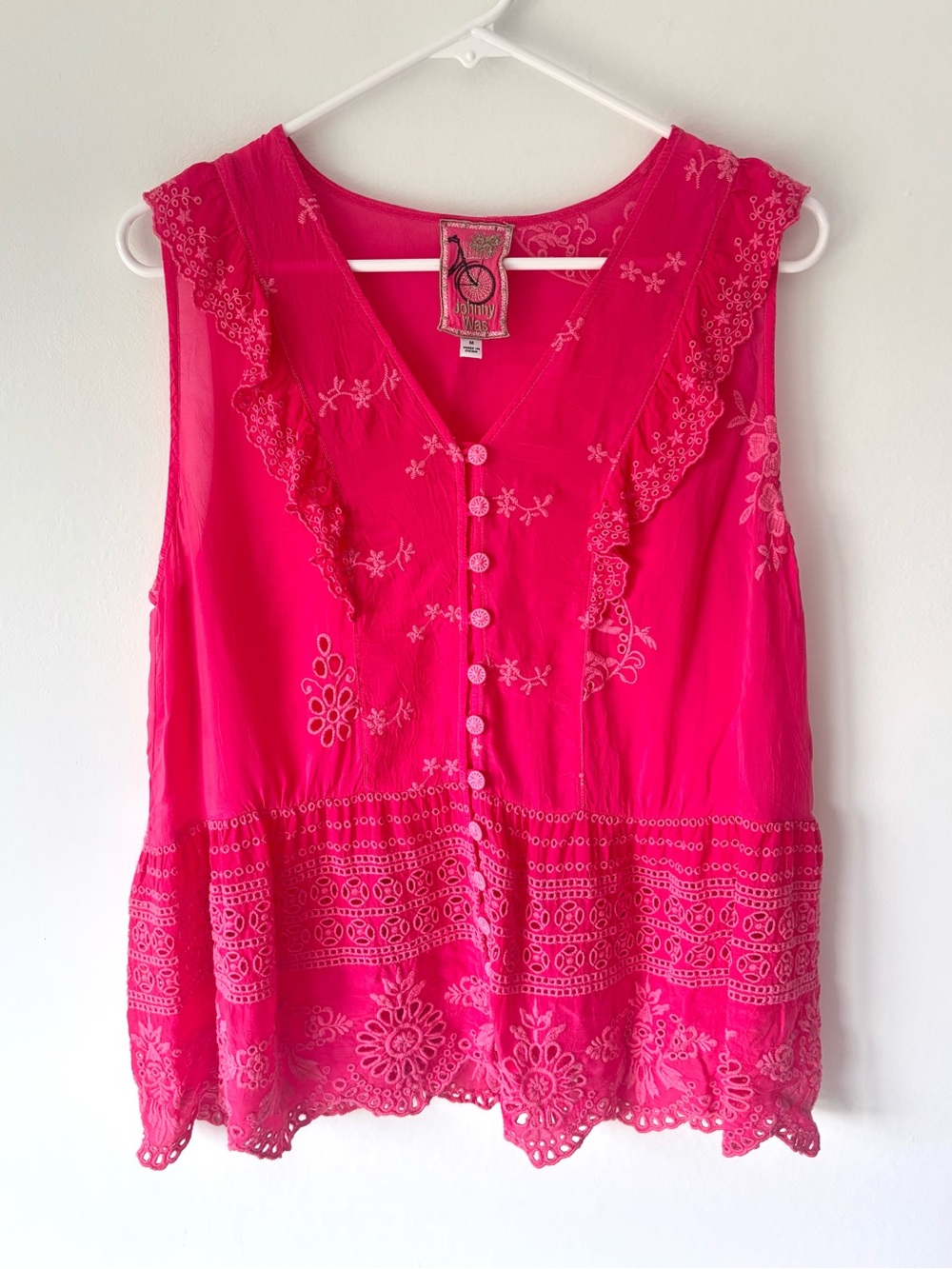 Johnny Was Rodeo Anitta Blouse Pink Eyelet Embroidered Ruffle Scalloped Hem - Picture 2 of 8